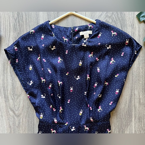Vintage y2k forever 21 kawaii kidcore unicorn cat bunny mushroom pleated dress L - Picture 2 of 14